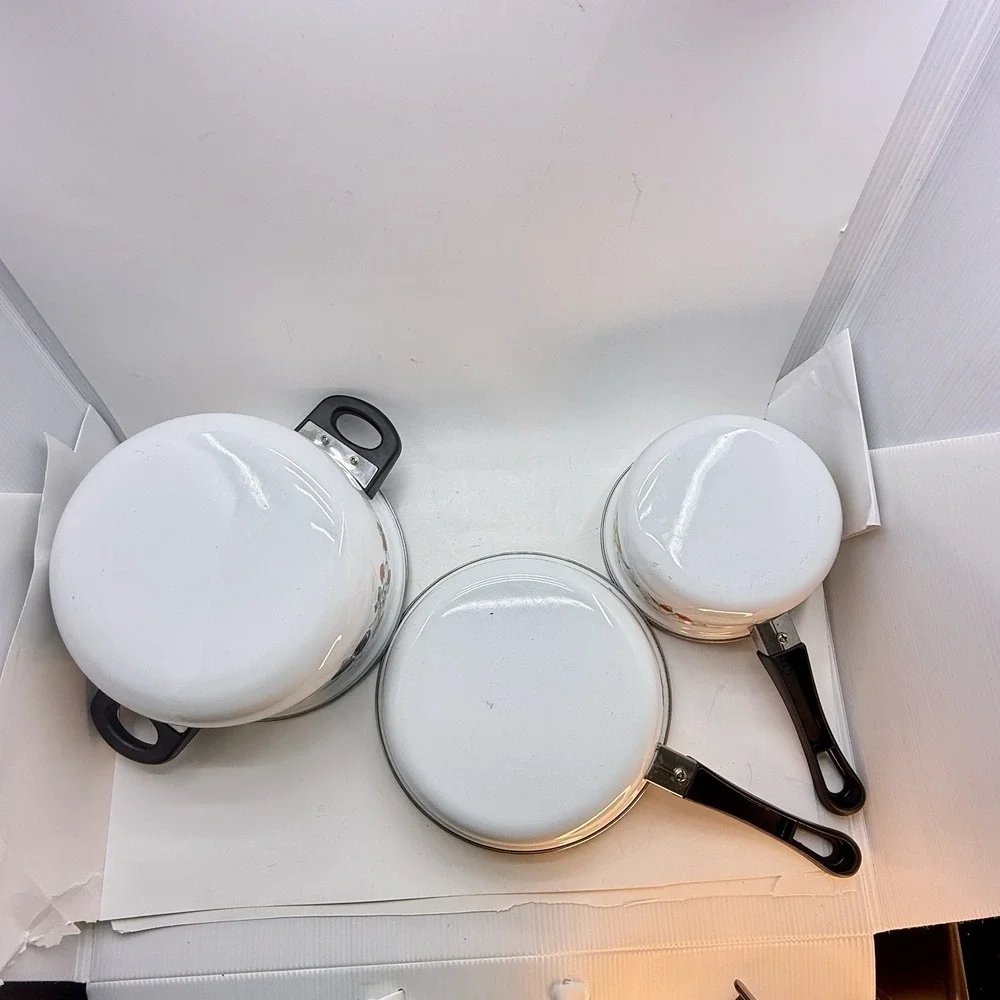 Vintage Tabletops Unlimited Dulcie Enamelware Cookware Set Fruit Motif 3 Pc